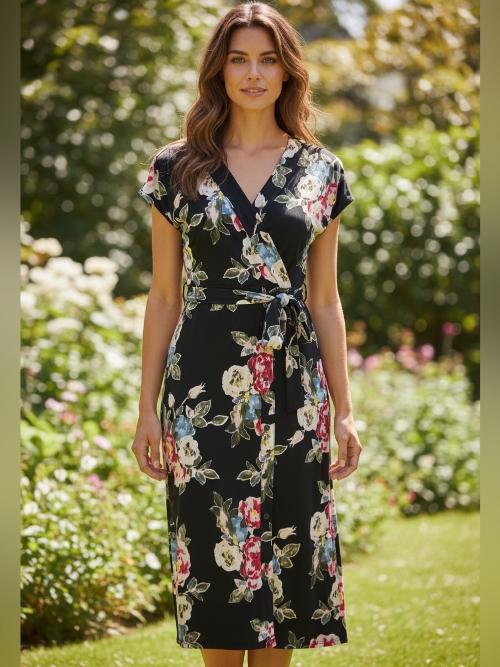 White House Black Market Black Floral Faux Wrap Midi Dress Size XS Petite